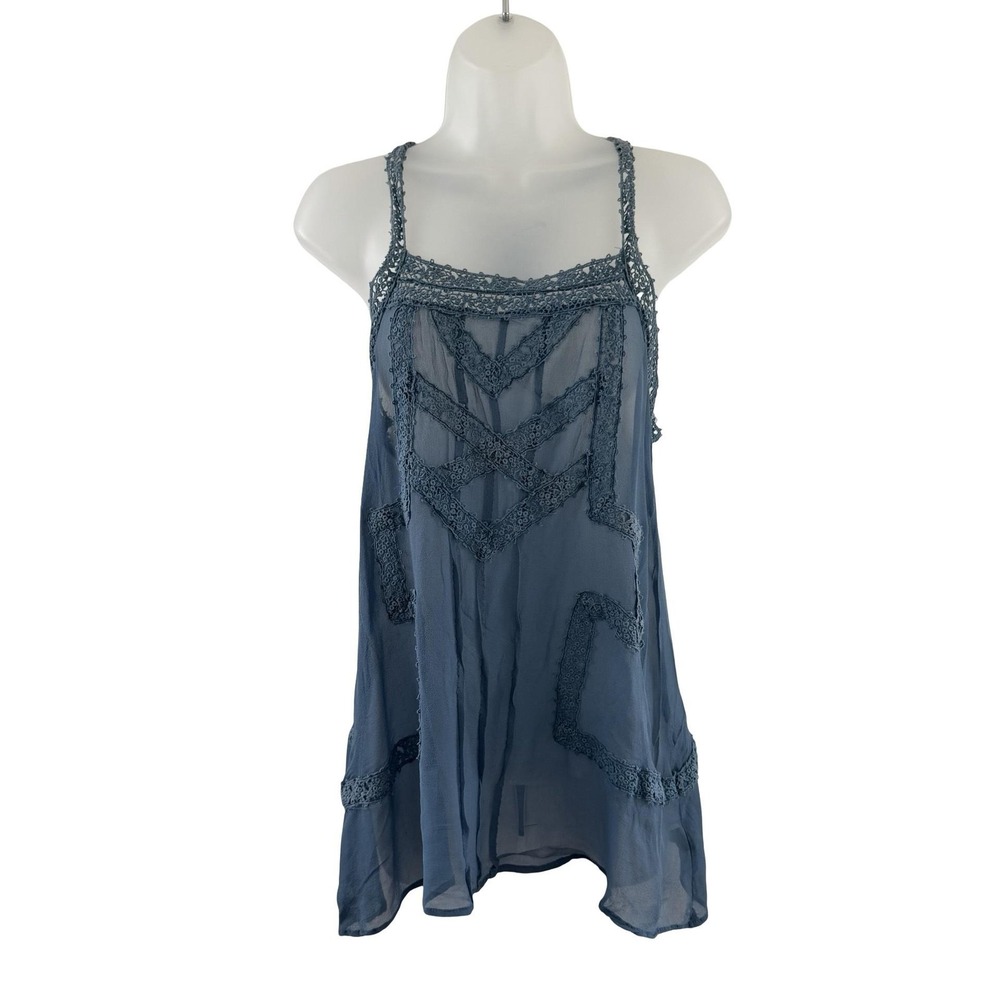 Y2K Tank Top Womens Small Blue 100% Silk Crochet Sheer Boho Tunic 2000s Bella